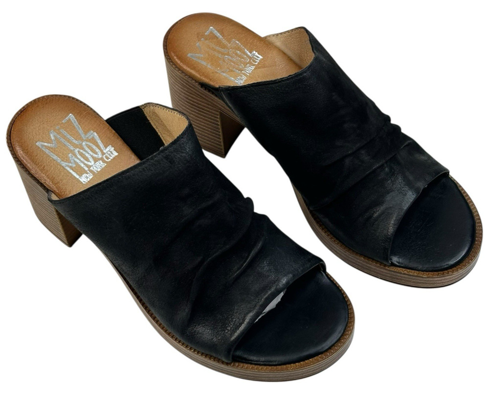 Miz Mooz Maybelle Black Leather Slide Heeled Sandals Womens 8.5-9 EU 39 New $175